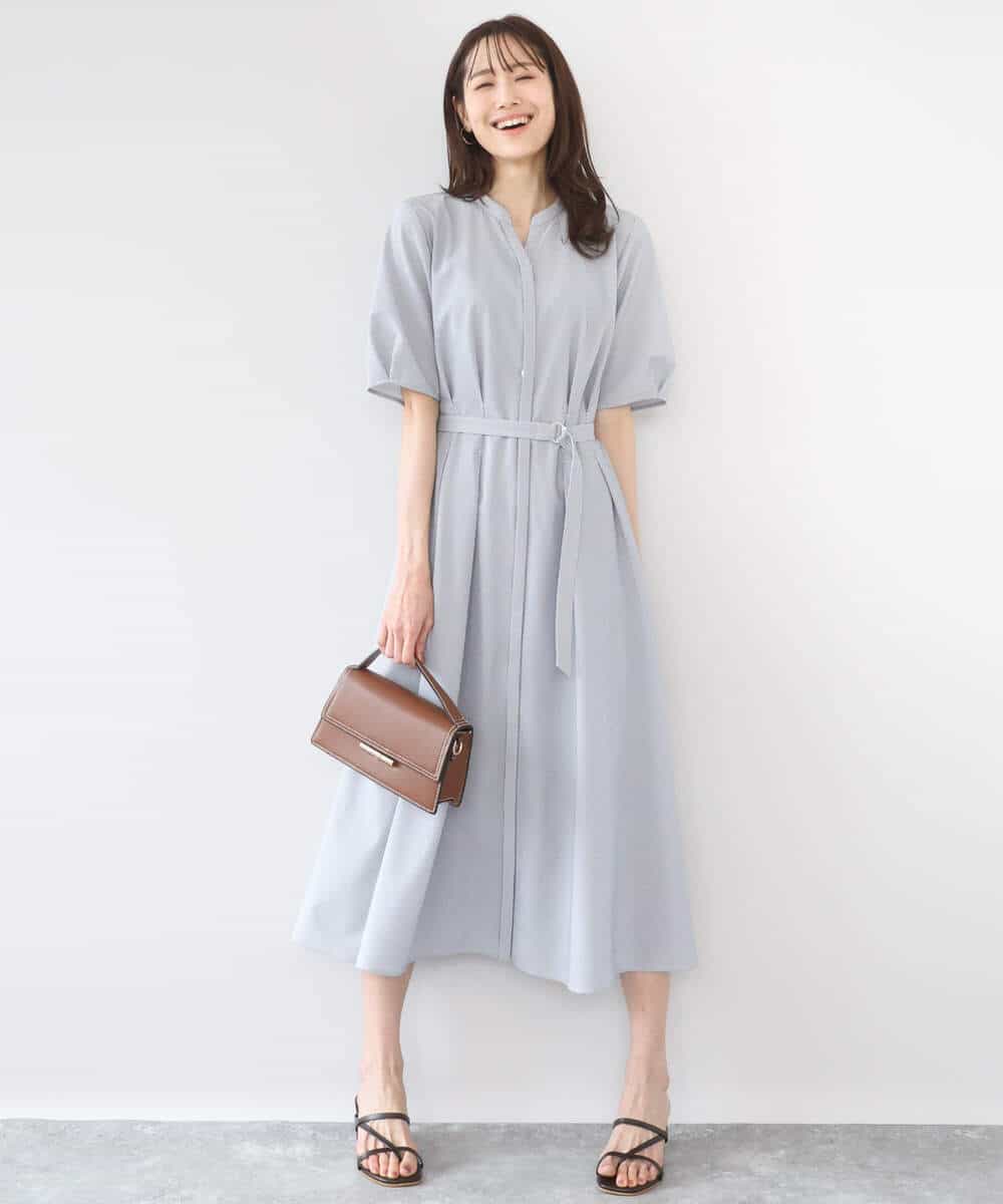 FKEGD38210 MK MICHEL KLEIN(MK ミッシェルクラン) サッカーストライプ ウエストタックワンピース/洗える ネイビー