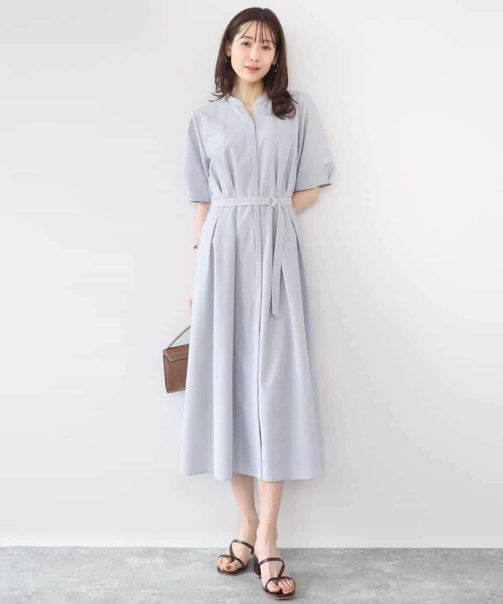 FKEGD38210 MK MICHEL KLEIN(MK ミッシェルクラン) サッカーストライプ ウエストタックワンピース/洗える ネイビー