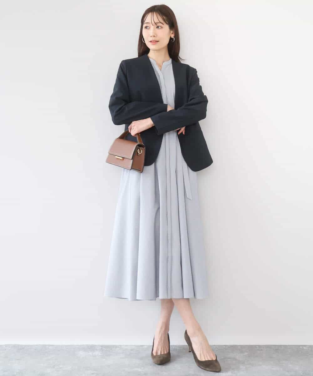 FKEGD38210 MK MICHEL KLEIN(MK ミッシェルクラン) サッカーストライプ ウエストタックワンピース/洗える ネイビー