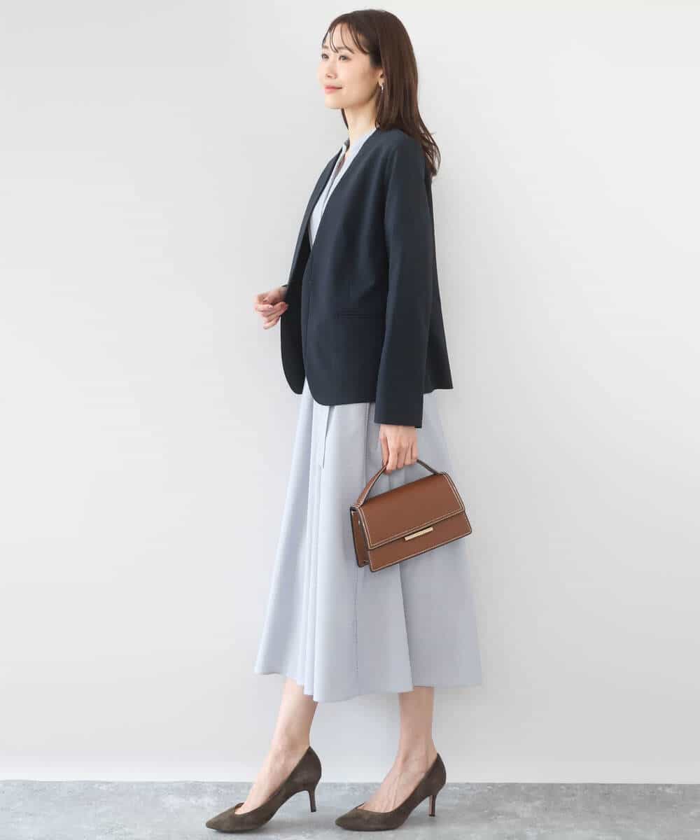 FKEGD38210 MK MICHEL KLEIN(MK ミッシェルクラン) サッカーストライプ ウエストタックワンピース/洗える ネイビー