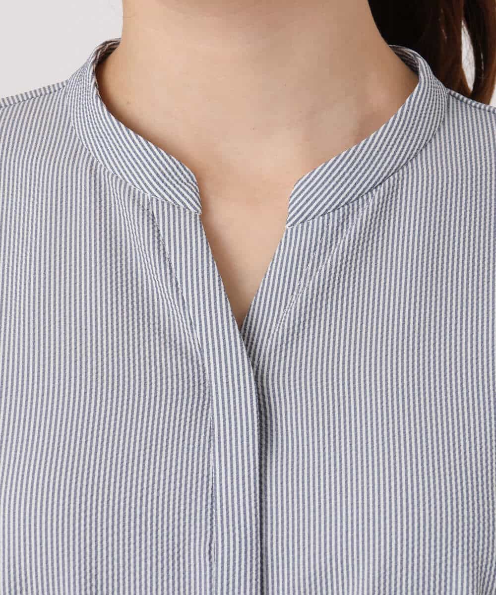 FKEGD38210 MK MICHEL KLEIN(MK ミッシェルクラン) サッカーストライプ ウエストタックワンピース/洗える ネイビー