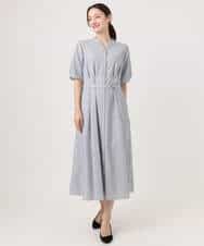 FKEGD38210 MK MICHEL KLEIN(MK ミッシェルクラン) サッカーストライプ ウエストタックワンピース/洗える ネイビー