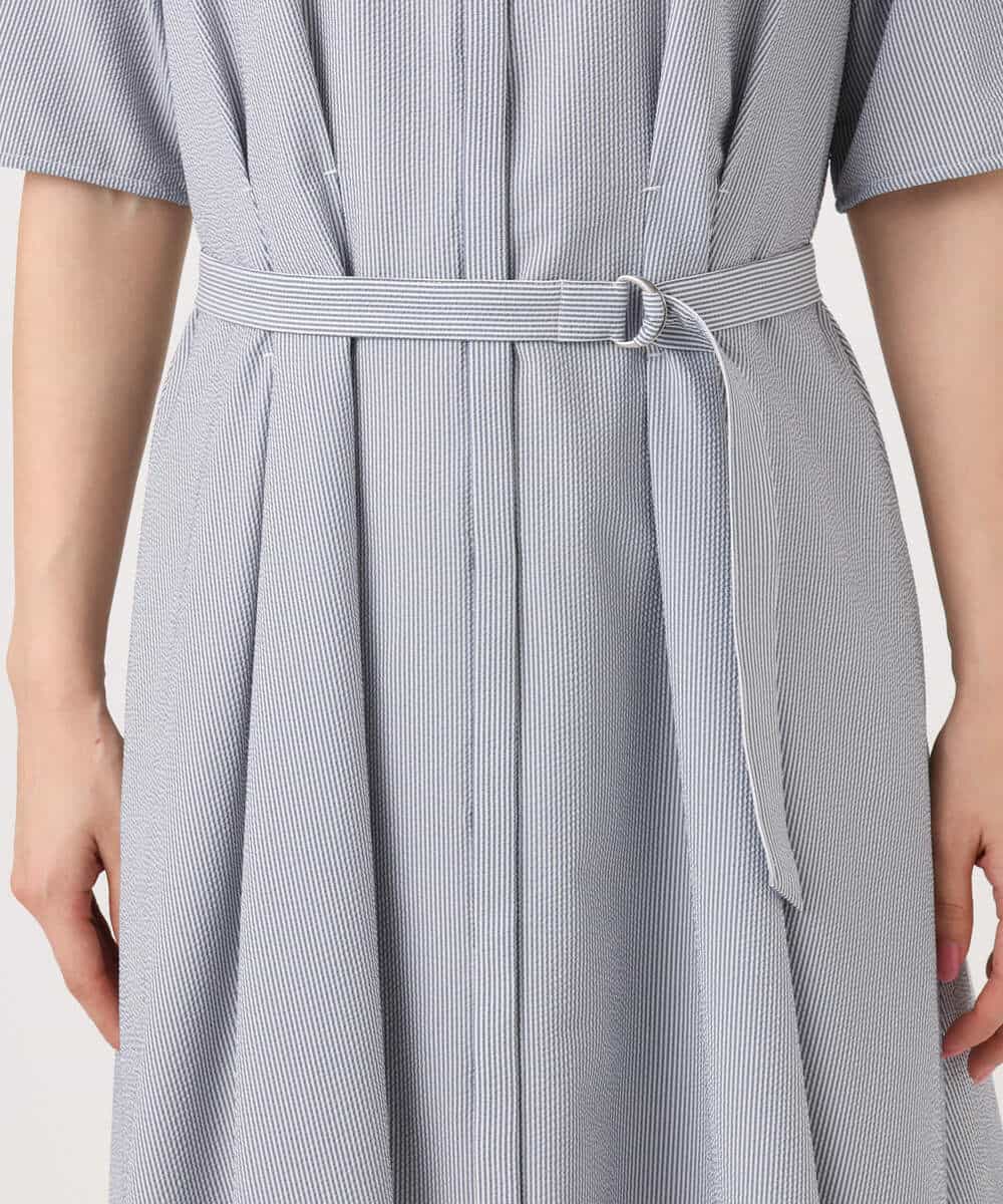 FKEGD38210 MK MICHEL KLEIN(MK ミッシェルクラン) サッカーストライプ ウエストタックワンピース/洗える ネイビー