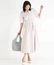 FKEGD38210 MK MICHEL KLEIN(MK ミッシェルクラン) サッカーストライプ ウエストタックワンピース/洗える ネイビー