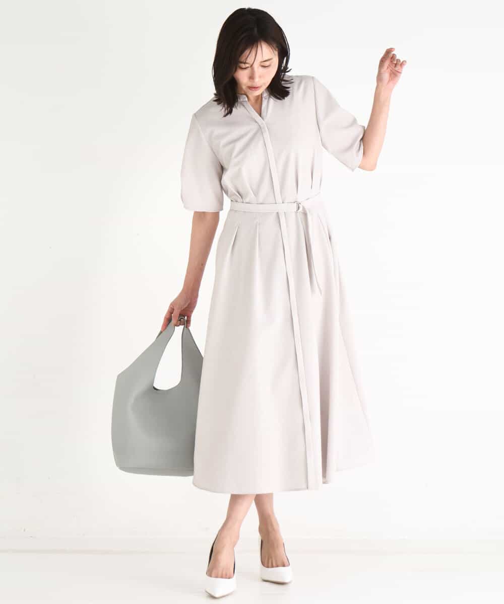 FKEGD38210 MK MICHEL KLEIN(MK ミッシェルクラン) サッカーストライプ ウエストタックワンピース/洗える ネイビー