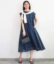 FKEGD46230 MK MICHEL KLEIN(MK ミッシェルクラン) オーガンジーチェック柄フレアシルエットワンピース/洗える ネイビー