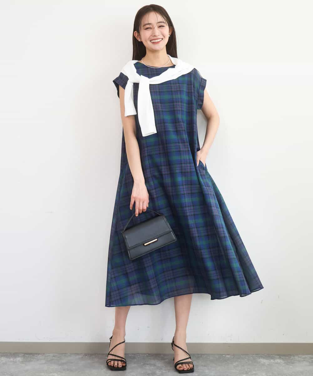 FKEGD46230 MK MICHEL KLEIN(MK ミッシェルクラン) オーガンジーチェック柄フレアシルエットワンピース/洗える ネイビー