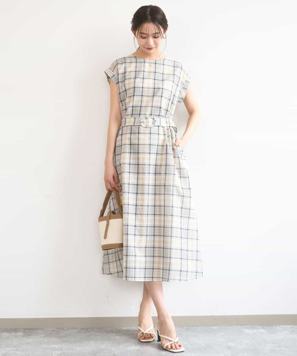 FKEGD46230 MK MICHEL KLEIN(MK ミッシェルクラン) オーガンジーチェック柄フレアシルエットワンピース/洗える ベージュ