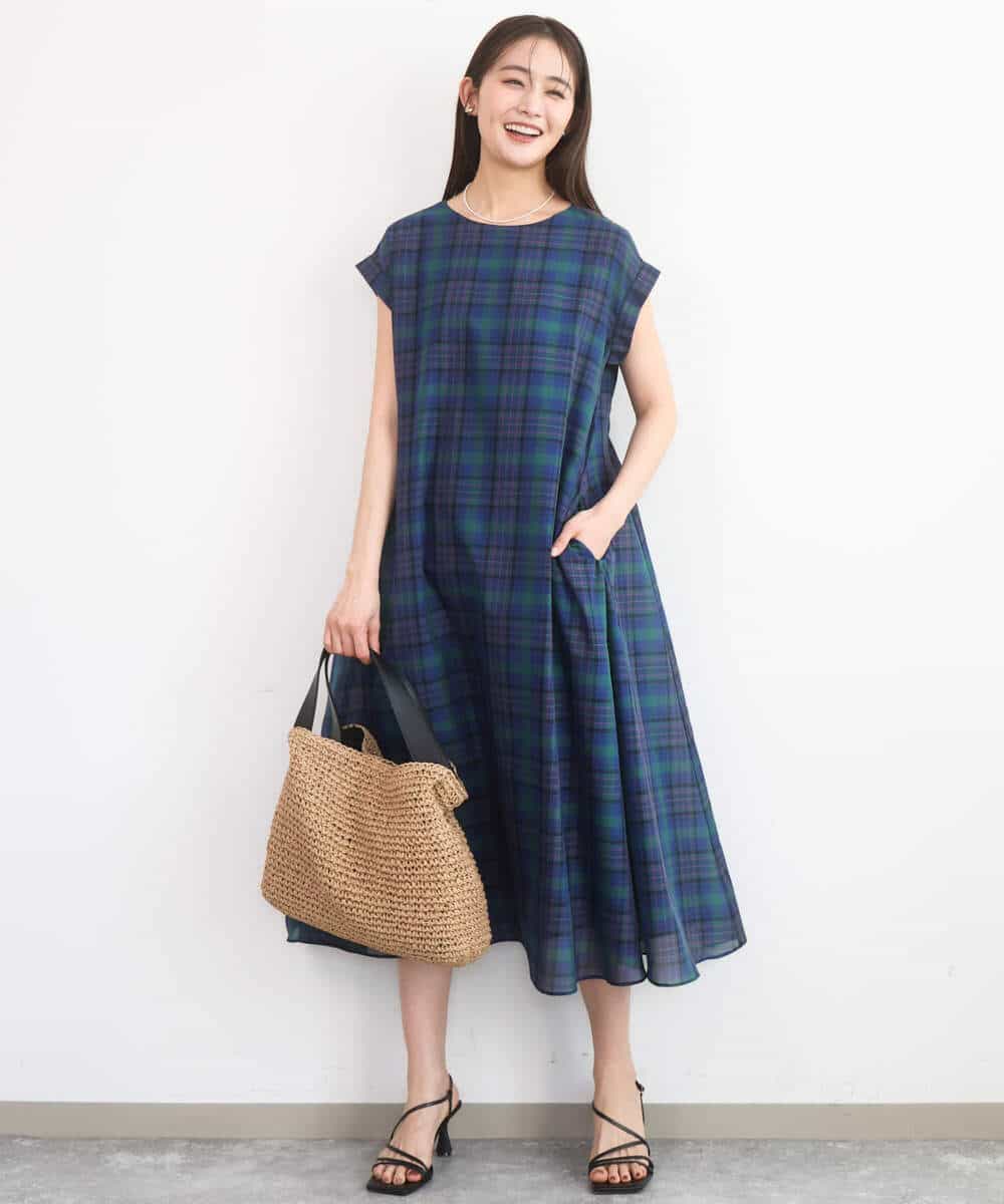 FKEGD46230 MK MICHEL KLEIN(MK ミッシェルクラン) オーガンジーチェック柄フレアシルエットワンピース/洗える ベージュ