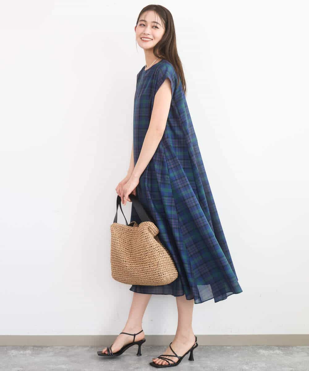 FKEGD46230 MK MICHEL KLEIN(MK ミッシェルクラン) オーガンジーチェック柄フレアシルエットワンピース/洗える ベージュ