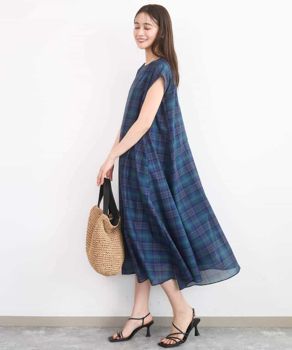 FKEGD46230 MK MICHEL KLEIN(MK ミッシェルクラン) オーガンジーチェック柄フレアシルエットワンピース/洗える ベージュ