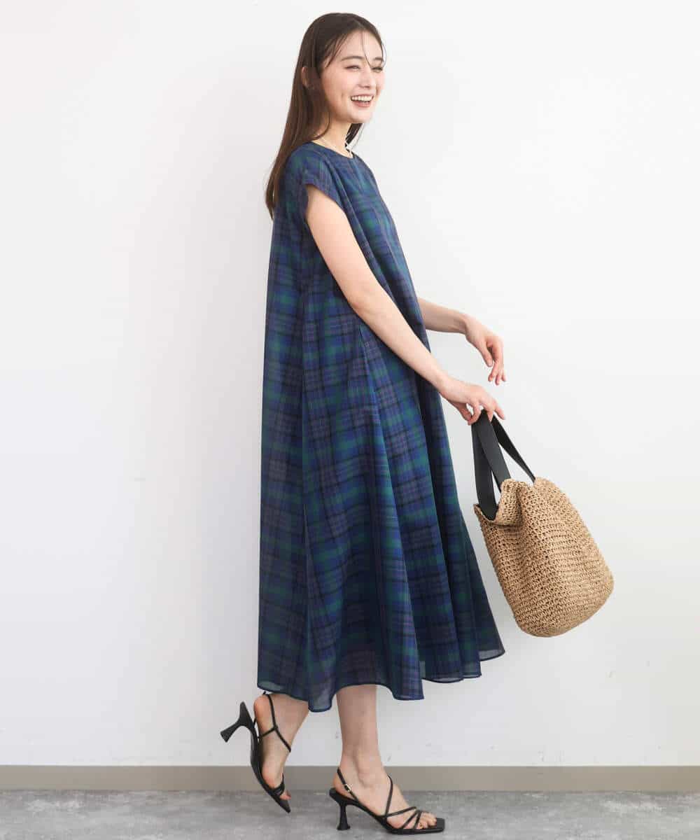 FKEGD46230 MK MICHEL KLEIN(MK ミッシェルクラン) オーガンジーチェック柄フレアシルエットワンピース/洗える ベージュ