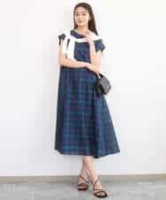 FKEGD46230 MK MICHEL KLEIN(MK ミッシェルクラン) オーガンジーチェック柄フレアシルエットワンピース/洗える ベージュ