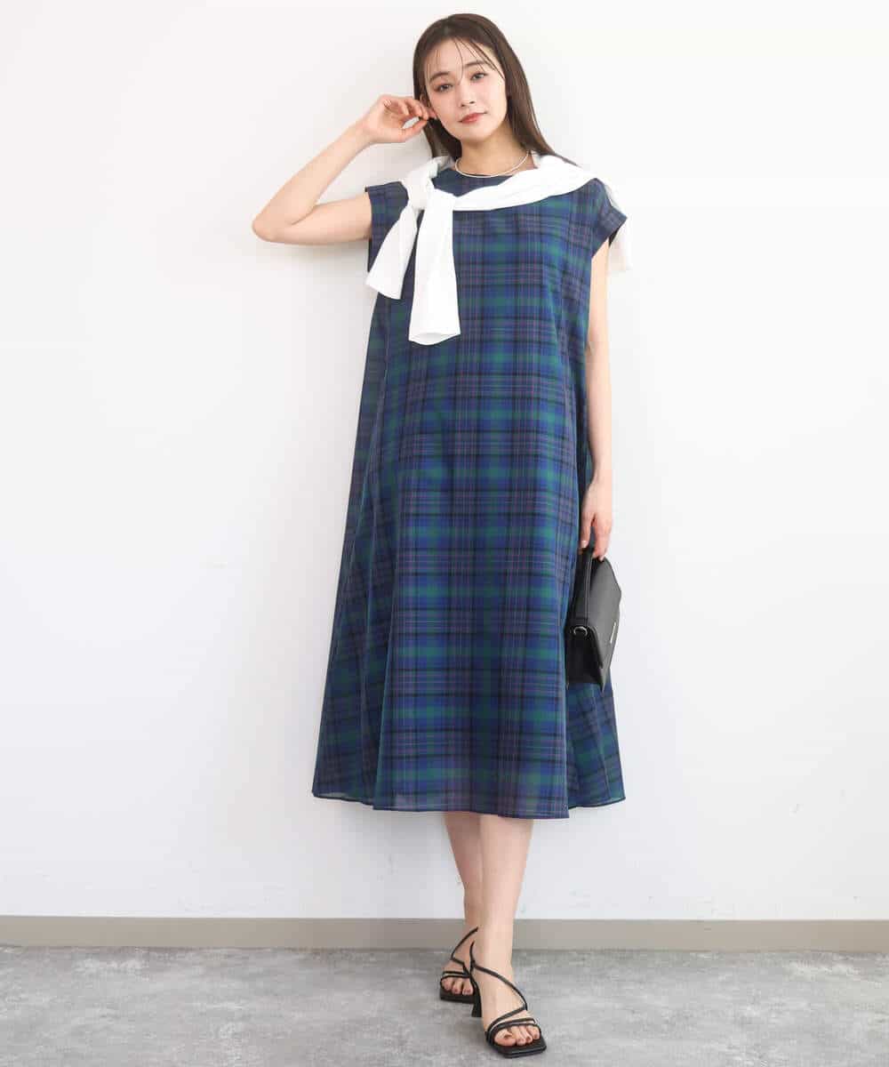 FKEGD46230 MK MICHEL KLEIN(MK ミッシェルクラン) オーガンジーチェック柄フレアシルエットワンピース/洗える ベージュ