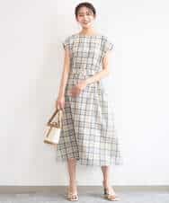 FKEGD46230 MK MICHEL KLEIN(MK ミッシェルクラン) オーガンジーチェック柄フレアシルエットワンピース/洗える ベージュ