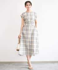 FKEGD46230 MK MICHEL KLEIN(MK ミッシェルクラン) オーガンジーチェック柄フレアシルエットワンピース/洗える ベージュ