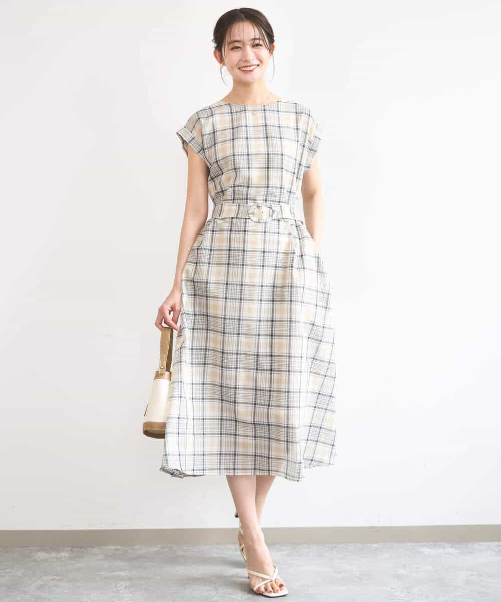 FKEGD46230 MK MICHEL KLEIN(MK ミッシェルクラン) オーガンジーチェック柄フレアシルエットワンピース/洗える ベージュ