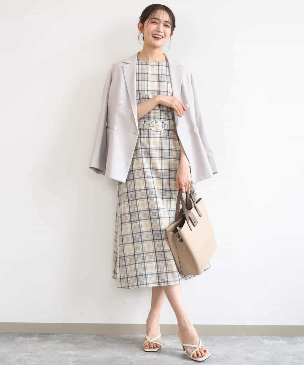 FKEGD46230 MK MICHEL KLEIN(MK ミッシェルクラン) オーガンジーチェック柄フレアシルエットワンピース/洗える ベージュ