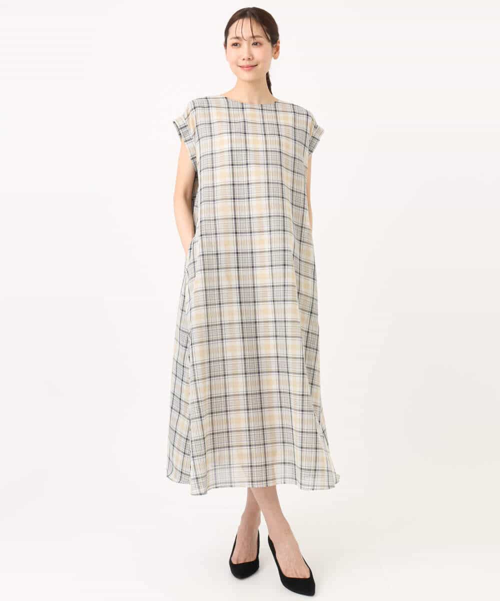 FKEGD46230 MK MICHEL KLEIN(MK ミッシェルクラン) オーガンジーチェック柄フレアシルエットワンピース/洗える ベージュ