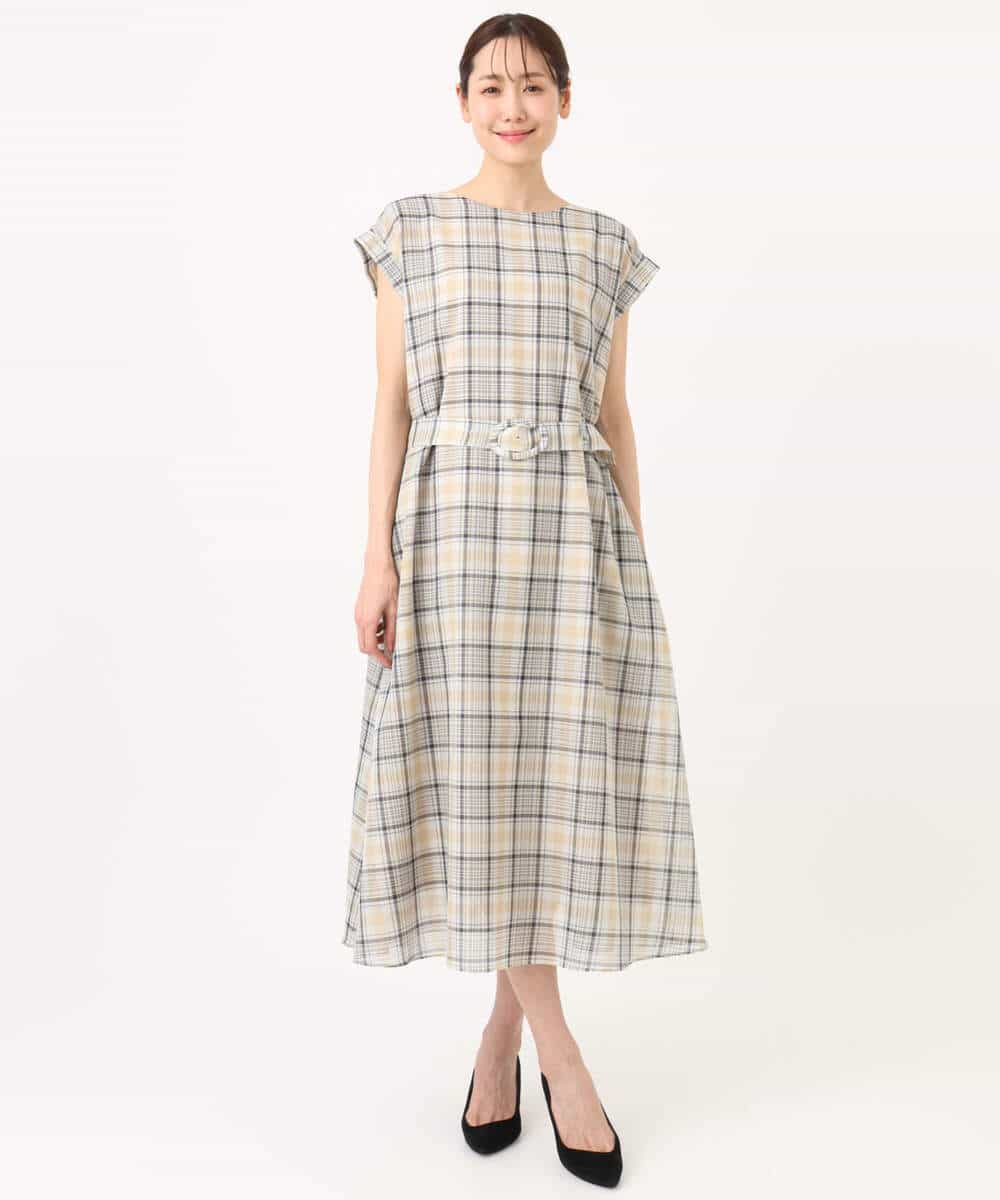 FKEGD46230 MK MICHEL KLEIN(MK ミッシェルクラン) オーガンジーチェック柄フレアシルエットワンピース/洗える ベージュ