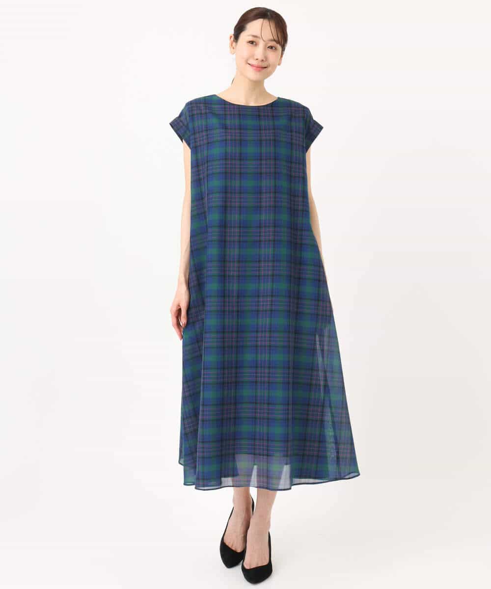 FKEGD46230 MK MICHEL KLEIN(MK ミッシェルクラン) オーガンジーチェック柄フレアシルエットワンピース/洗える ベージュ