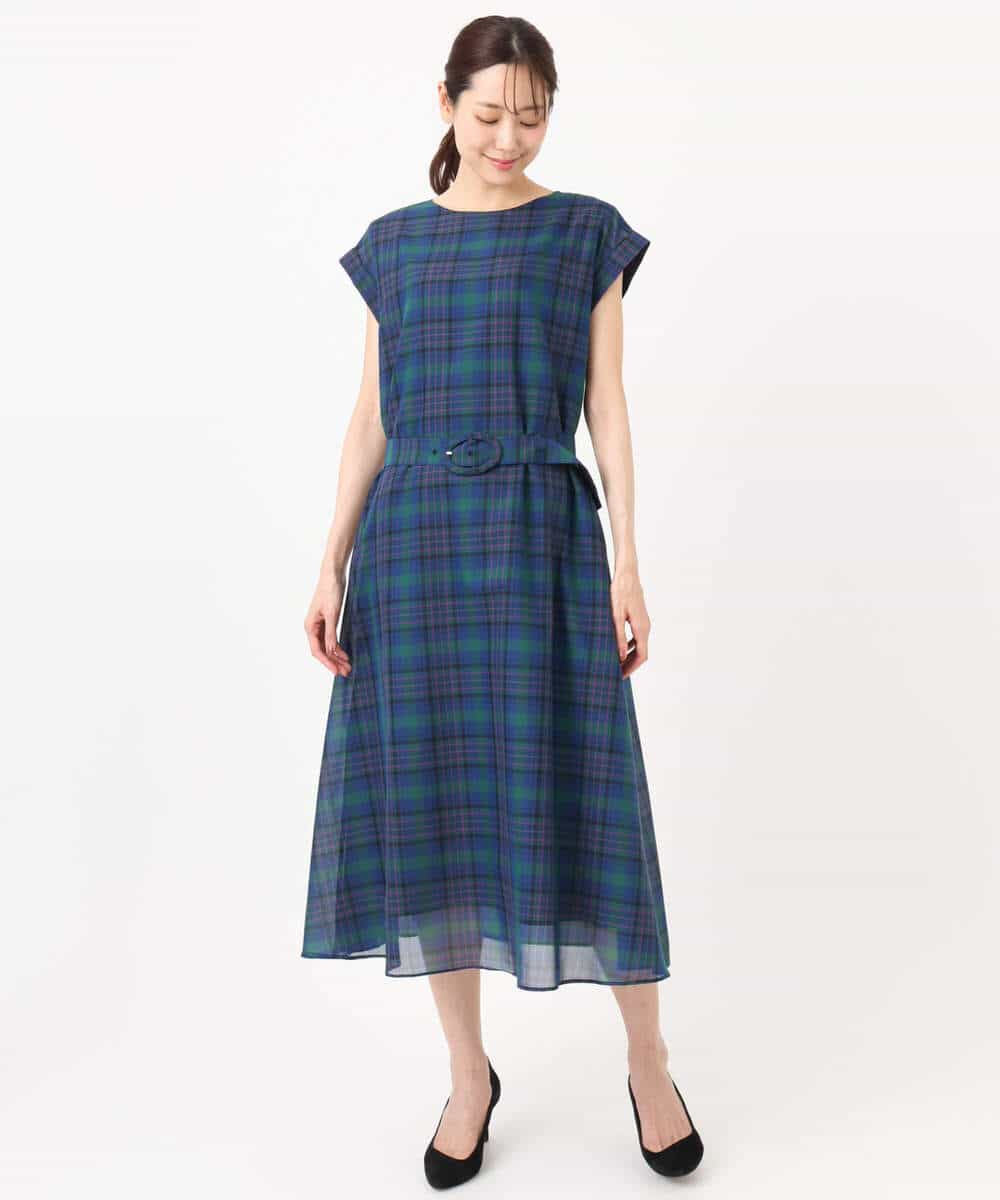 FKEGD46230 MK MICHEL KLEIN(MK ミッシェルクラン) オーガンジーチェック柄フレアシルエットワンピース/洗える ベージュ