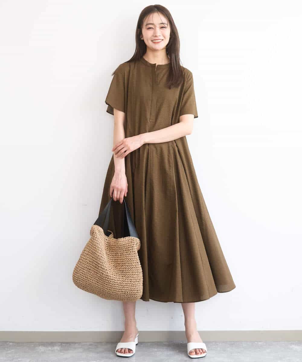 FKEGD47240 MK MICHEL KLEIN(MK ミッシェルクラン) サッカー調ウエスト切り替えワンピース/洗える ブラウン