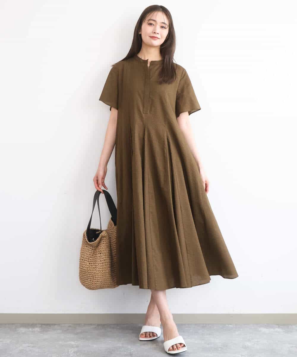 FKEGD47240 MK MICHEL KLEIN(MK ミッシェルクラン) サッカー調ウエスト切り替えワンピース/洗える ブラウン