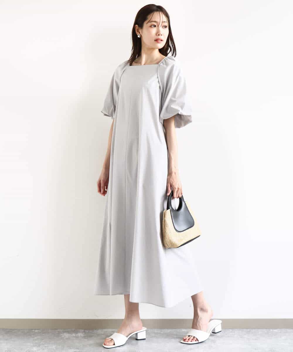 FKEHA61210 MK MICHEL KLEIN(MK ミッシェルクラン) スクエアネックタフタワンピース/撥水/UVカット/接触冷感/洗える ライトグレー