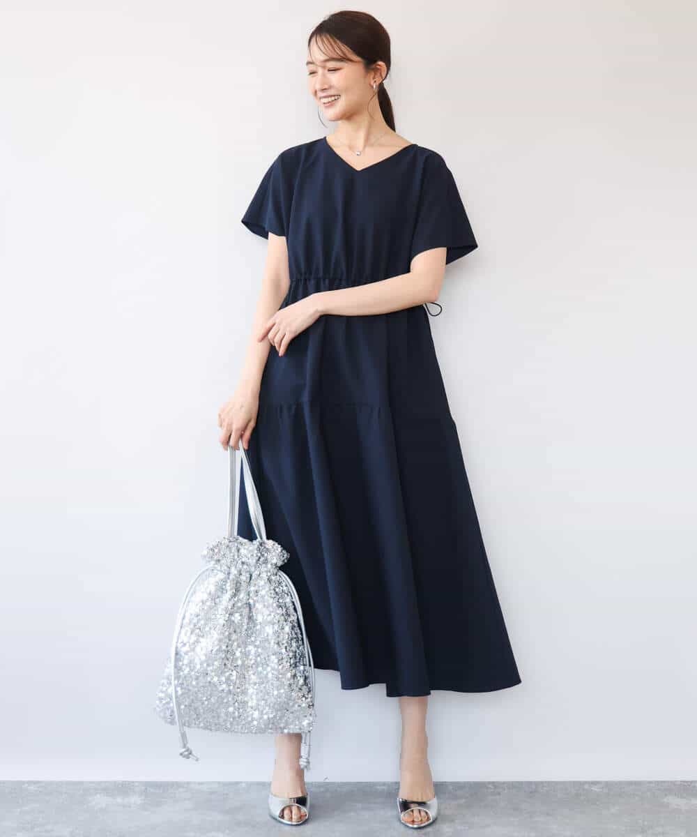 FKEHD64220 MK MICHEL KLEIN(MK ミッシェルクラン) [撥水/UVカット/洗える]ドローコードデザインVネックワンピース ネイビー