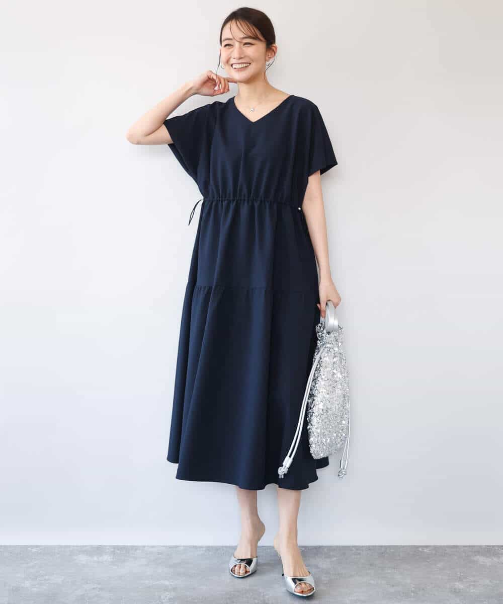 FKEHD64220 MK MICHEL KLEIN(MK ミッシェルクラン) [撥水/UVカット/洗える]ドローコードデザインVネックワンピース ネイビー