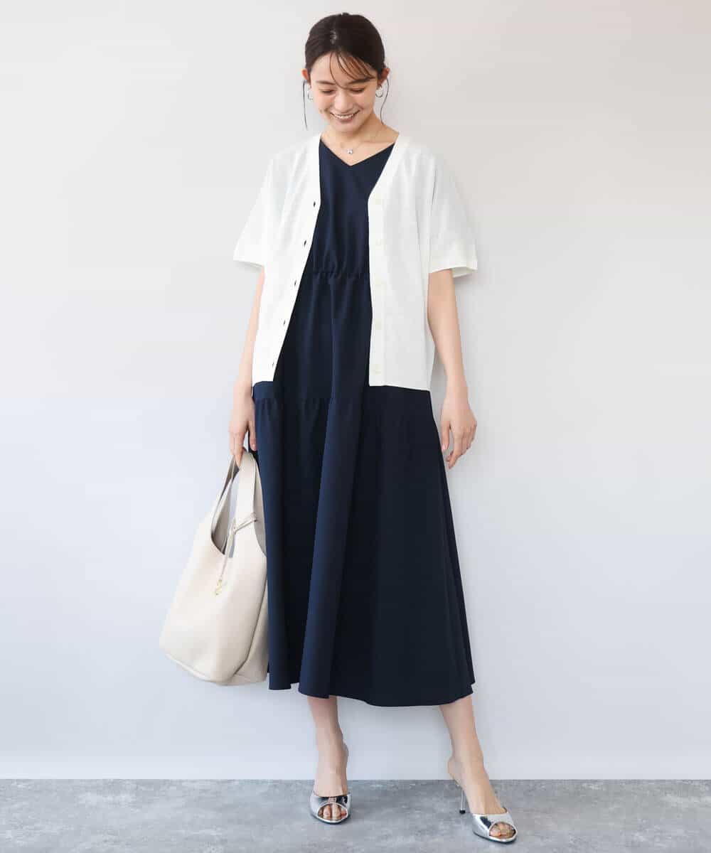 FKEHD64220 MK MICHEL KLEIN(MK ミッシェルクラン) [撥水/UVカット/洗える]ドローコードデザインVネックワンピース ネイビー