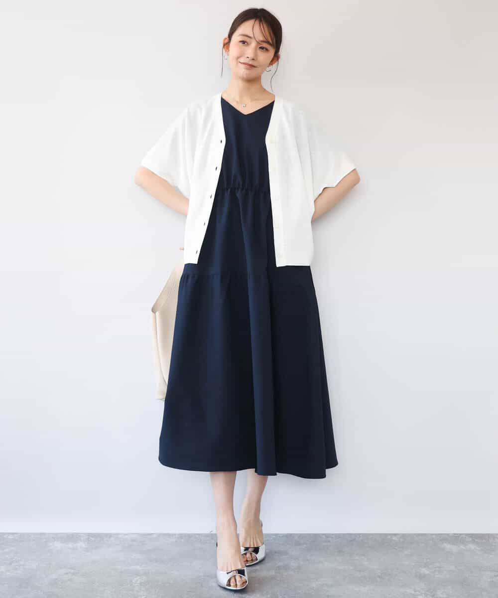 FKEHD64220 MK MICHEL KLEIN(MK ミッシェルクラン) [撥水/UVカット/洗える]ドローコードデザインVネックワンピース ネイビー