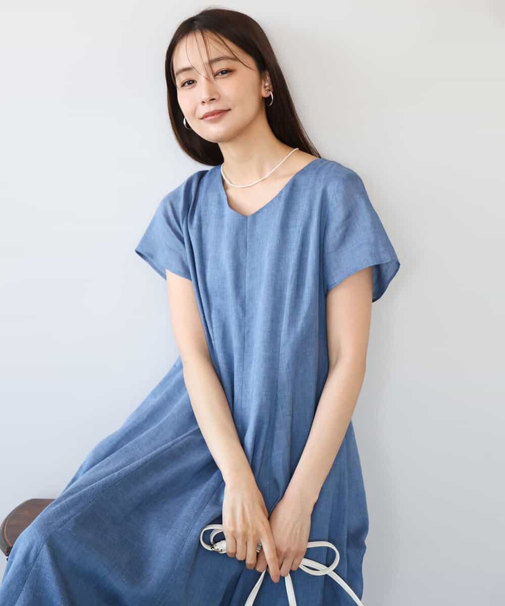 FKEHD65230 MK MICHEL KLEIN(MK ミッシェルクラン) [接触冷感/洗える]ラミーリネン混Aラインワンピース ブルー