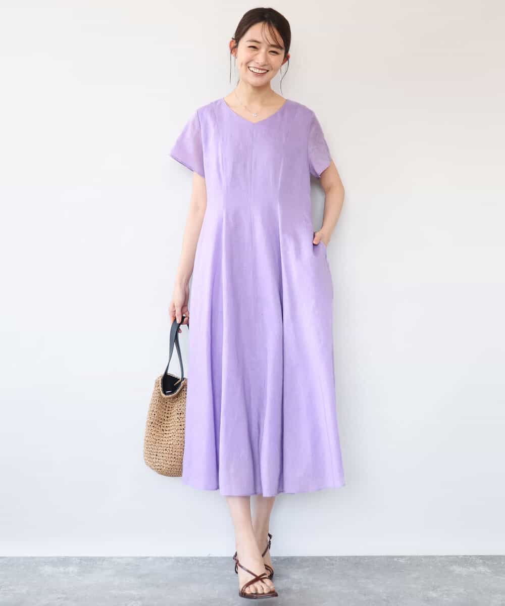 FKEHD65230 MK MICHEL KLEIN(MK ミッシェルクラン) [接触冷感/洗える]ラミーリネン混Aラインワンピース ラベンダー