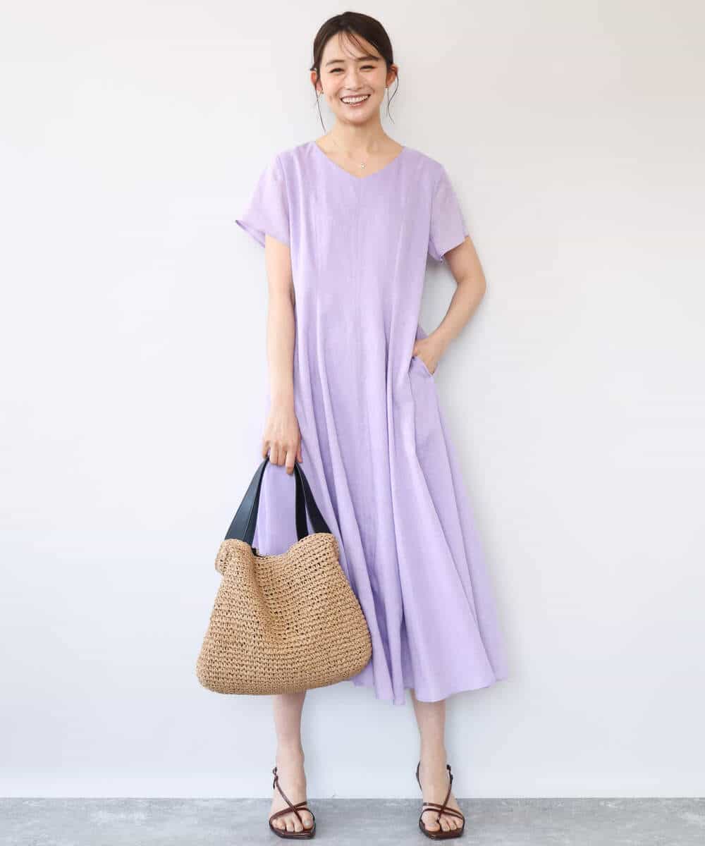 FKEHD65230 MK MICHEL KLEIN(MK ミッシェルクラン) [接触冷感/洗える]ラミーリネン混Aラインワンピース ラベンダー