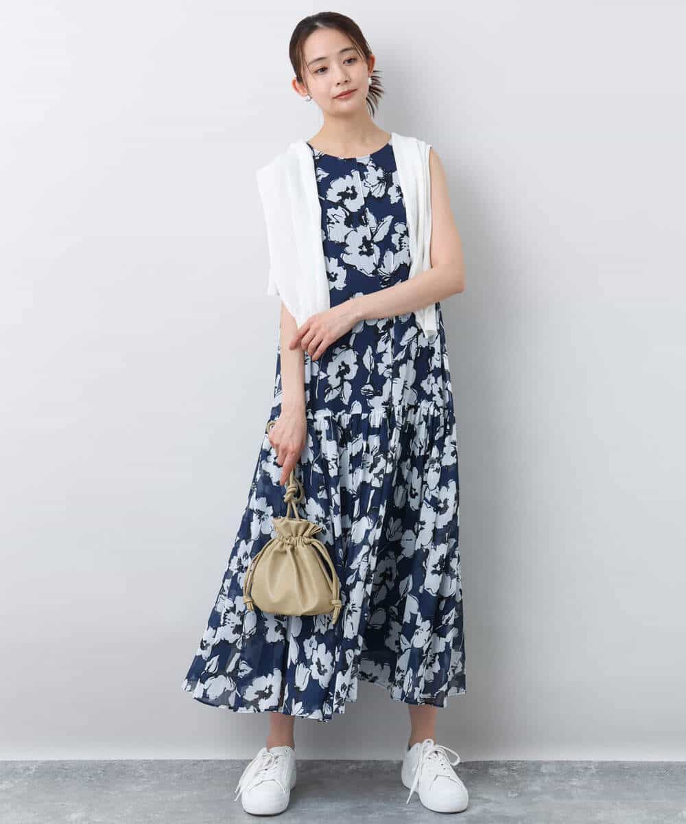 FKEJA75230 MK MICHEL KLEIN(MK ミッシェルクラン) 花柄ティアードワンピース/洗える ネイビー
