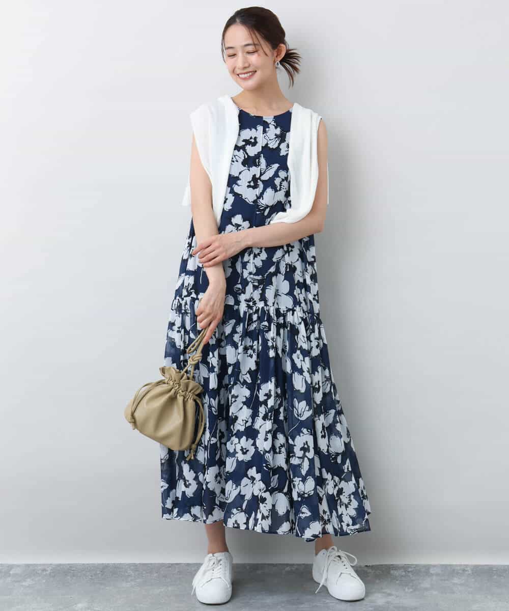 FKEJA75230 MK MICHEL KLEIN(MK ミッシェルクラン) 花柄ティアードワンピース/洗える ネイビー