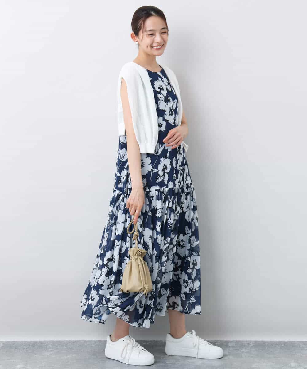 FKEJA75230 MK MICHEL KLEIN(MK ミッシェルクラン) 花柄ティアードワンピース/洗える ネイビー