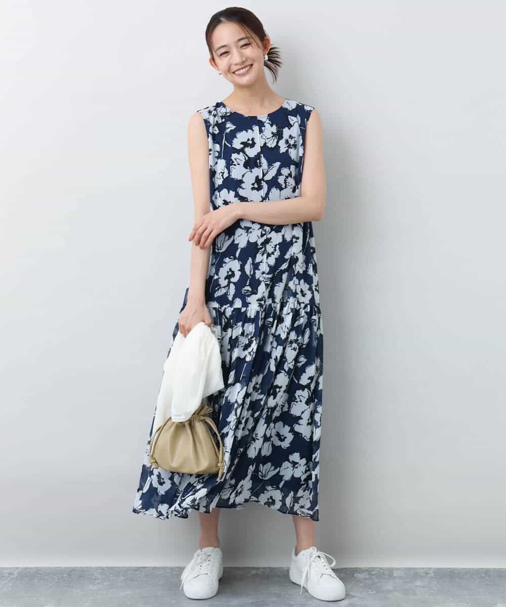 FKEJA75230 MK MICHEL KLEIN(MK ミッシェルクラン) 花柄ティアードワンピース/洗える ネイビー