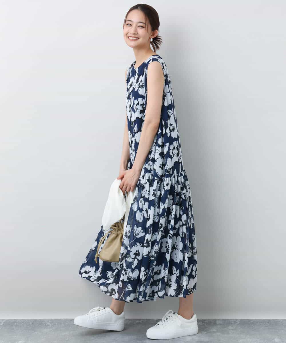 FKEJA75230 MK MICHEL KLEIN(MK ミッシェルクラン) 花柄ティアードワンピース/洗える ネイビー