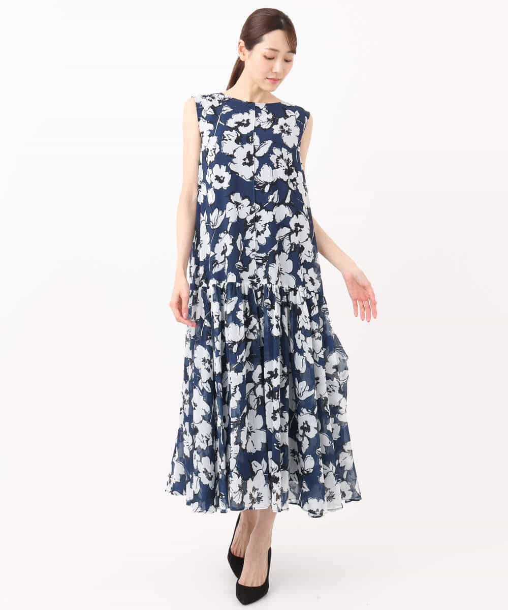 FKEJA75230 MK MICHEL KLEIN(MK ミッシェルクラン) 花柄ティアードワンピース/洗える ネイビー