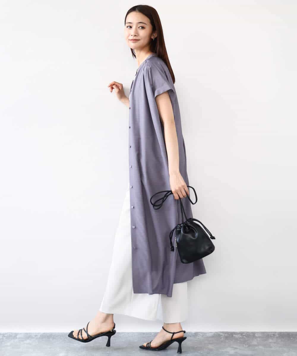 FKEJA76200 MK MICHEL KLEIN(MK ミッシェルクラン) ベルト付きキーネックワンピース/洗える パープル