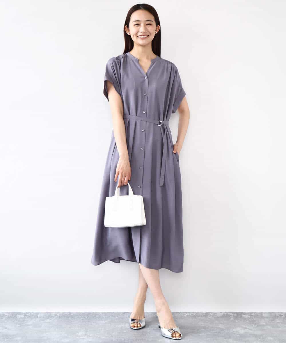 FKEJA76200 MK MICHEL KLEIN(MK ミッシェルクラン) ベルト付きキーネックワンピース/洗える パープル
