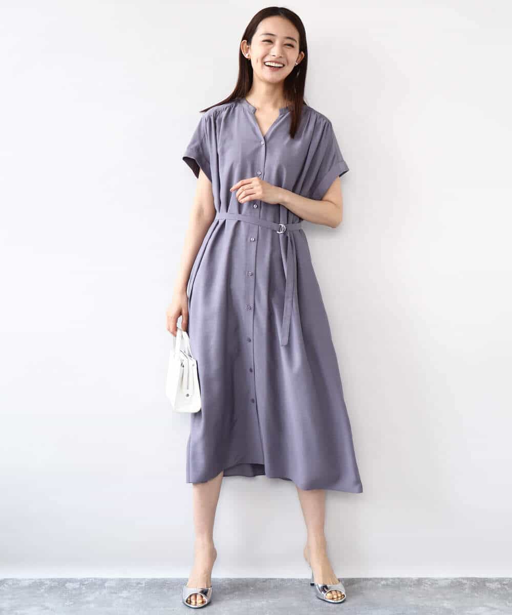 FKEJA76200 MK MICHEL KLEIN(MK ミッシェルクラン) ベルト付きキーネックワンピース/洗える パープル