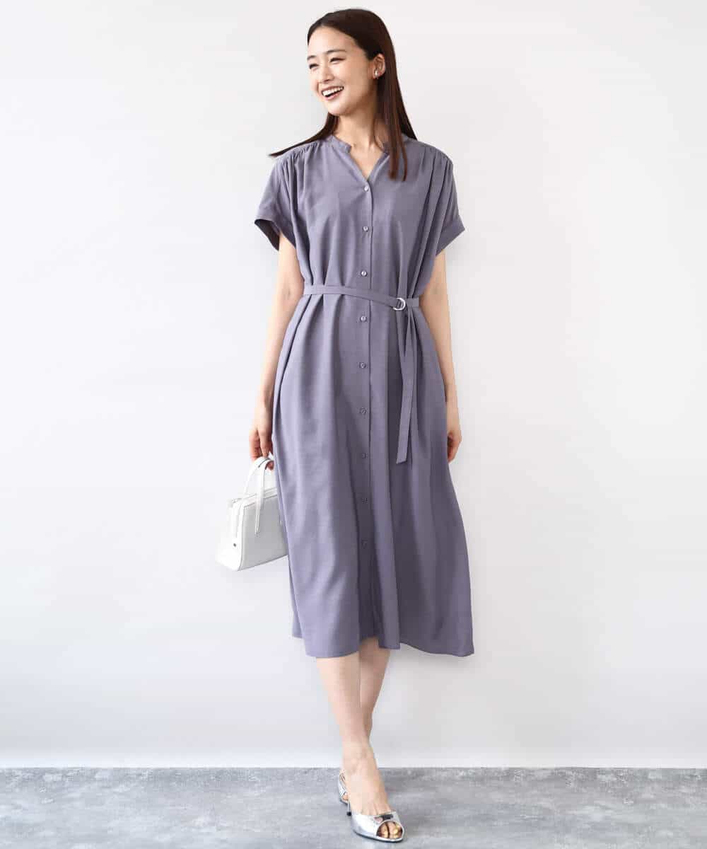 FKEJA76200 MK MICHEL KLEIN(MK ミッシェルクラン) ベルト付きキーネックワンピース/洗える パープル
