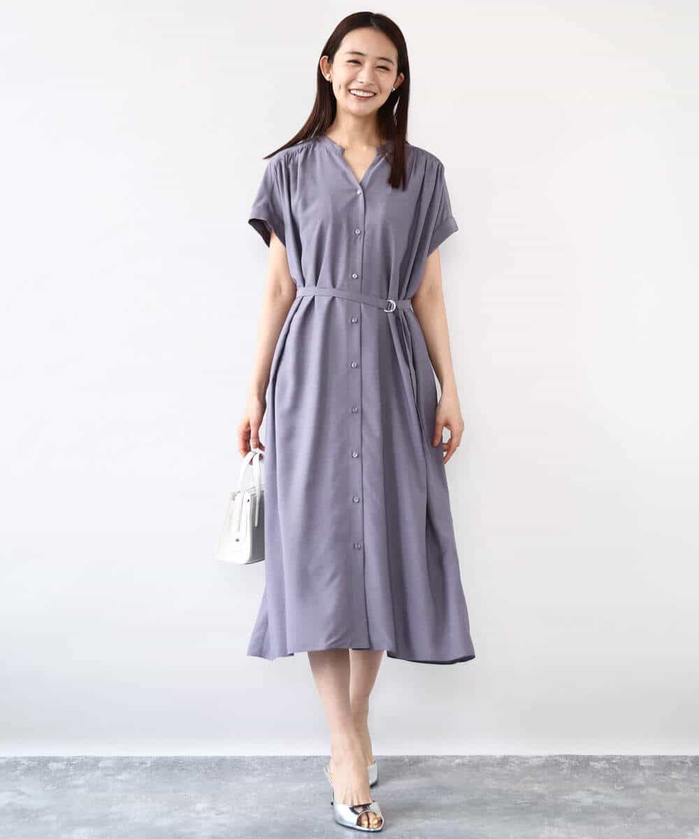 FKEJA76200 MK MICHEL KLEIN(MK ミッシェルクラン) ベルト付きキーネックワンピース/洗える パープル