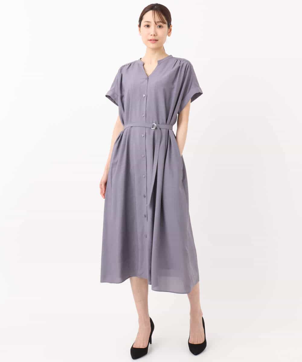 FKEJA76200 MK MICHEL KLEIN(MK ミッシェルクラン) ベルト付きキーネックワンピース/洗える パープル