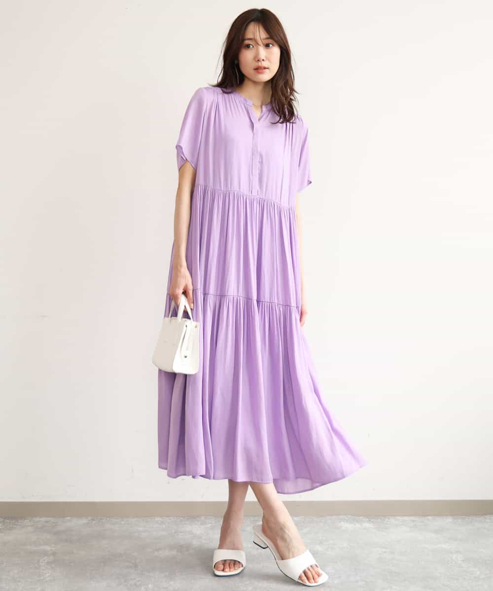 FKEJD72210 MK MICHEL KLEIN(MK ミッシェルクラン) [UVカット/接触冷感/洗える]ティアードデザインサテンワンピース ラベンダー