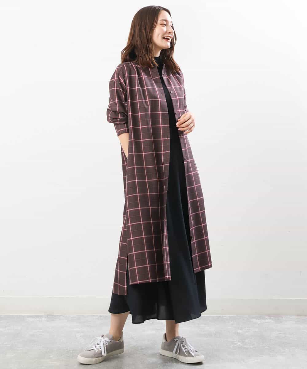 先染めチェック柄ロングシャツワンピース/洗える(ワンピース) | MK